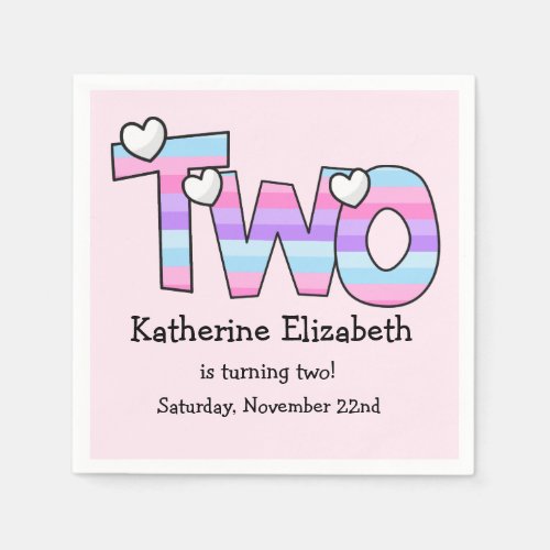 Pink Purple Ombre Stripes Hearts Second Birthday Napkins