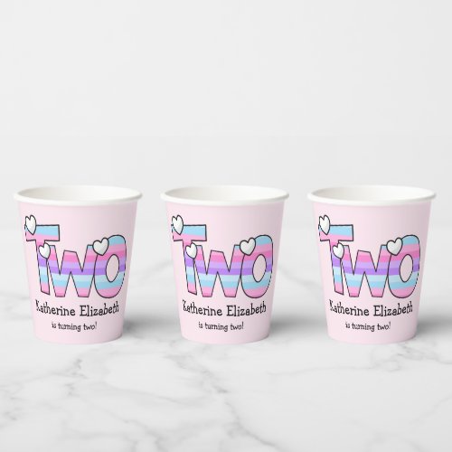 Pink Purple Ombre Stripes Hearts Second Birthday Paper Cups