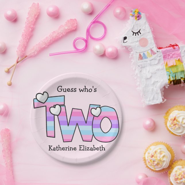 Pink Purple Ombre Stripes Hearts Second Birthday Paper Plates (Party)