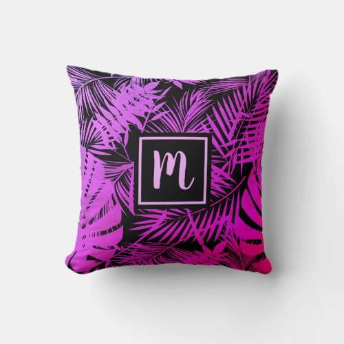 Pink purple ombre tropical palm leaf monogram throw pillow