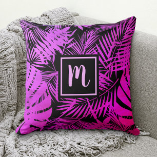 Pink purple ombre tropical palm leaf monogram throw pillow