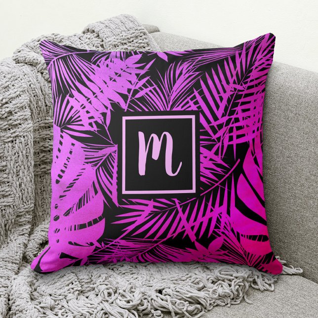 Pink purple ombre tropical palm leaf monogram throw pillow (Creator Uploaded)