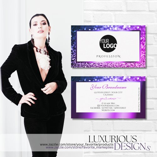 Pink Purple Ombre White Sparkling Glitter Add Logo Business Card