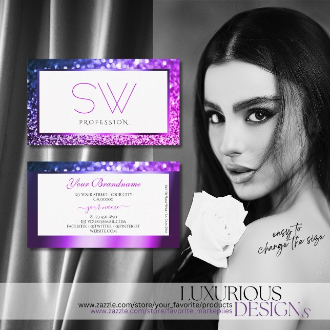 Pink Purple Ombre White Sparkling Glitter Monogram Business Card (Creator Uploaded)