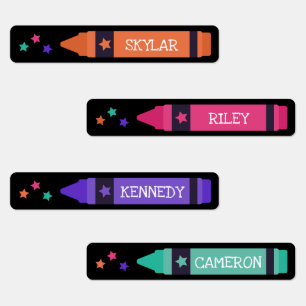 Pink Purple Orange Crayons & Stars Name Labels