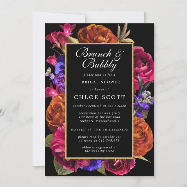 Pink Purple Orange Floral Brunch and Bubbly Invitation (Front)