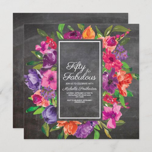 Pink Purple Orange Floral Chalkboard 50th Birthday Invitation