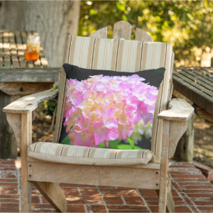 Pink purple orange hydrangeas outdoor pillow