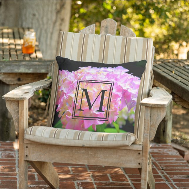 Pink purple orange hydrangeas outdoor pillow (Chair)