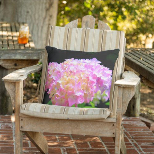 Pink purple orange hydrangeas outdoor pillow