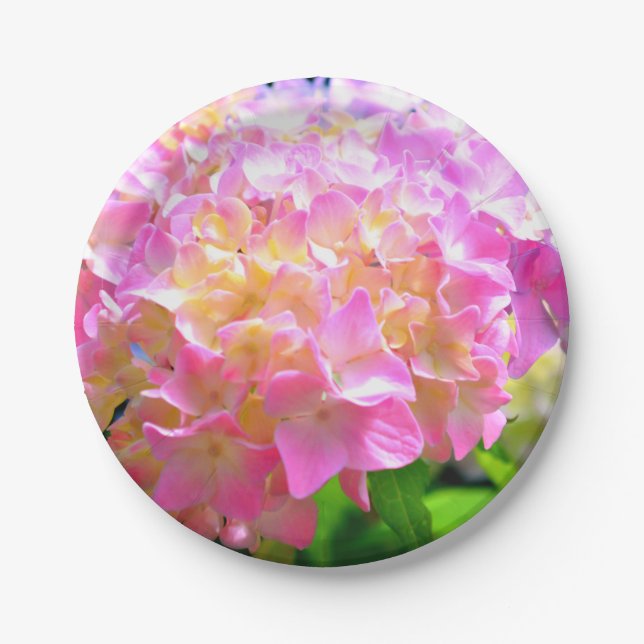 Pink purple orange hydrangeas paper plates (Front)