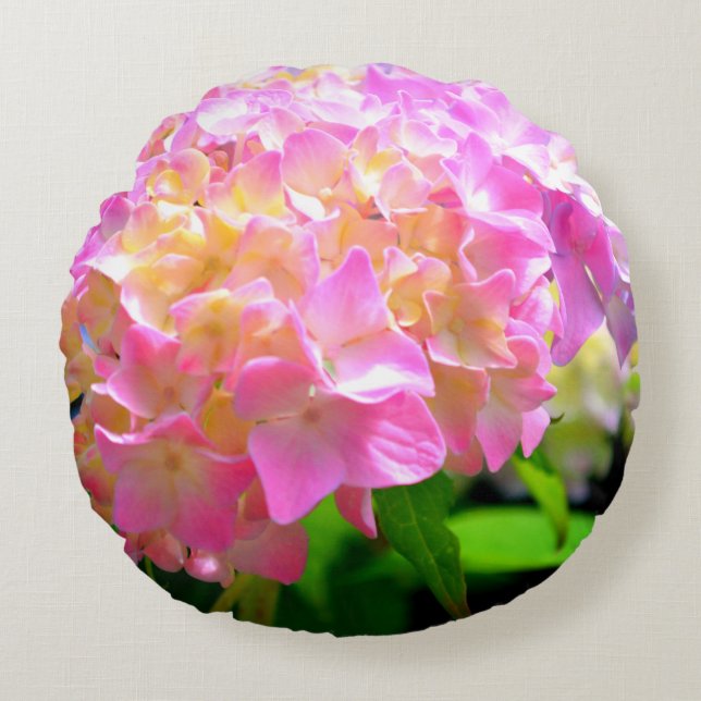 Pink purple orange hydrangeas round pillow (Front)