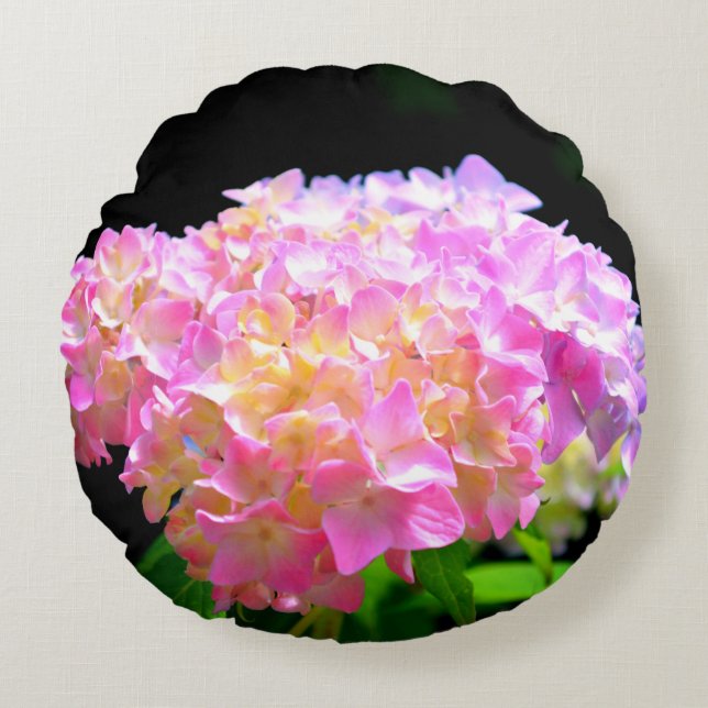 Pink purple orange hydrangeas round pillow (Front)