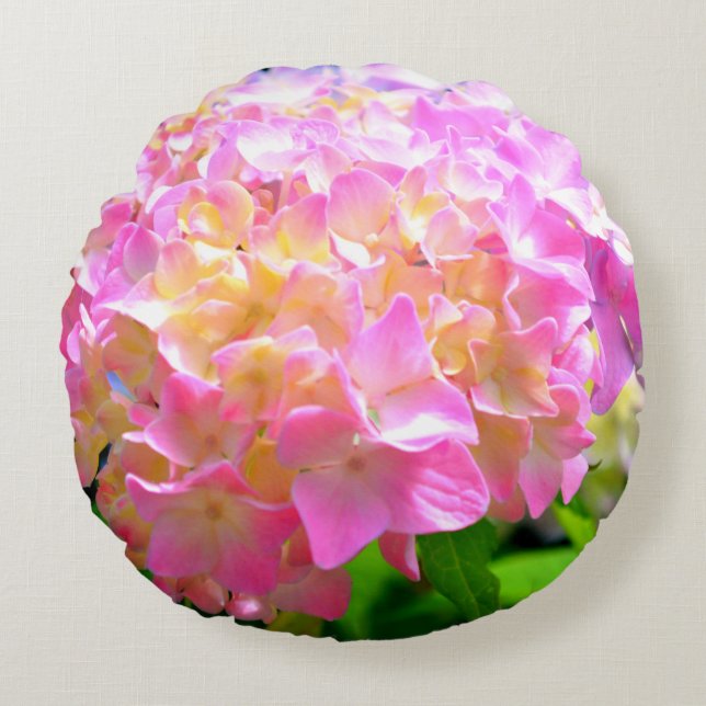 Pink purple orange hydrangeas round pillow (Front)
