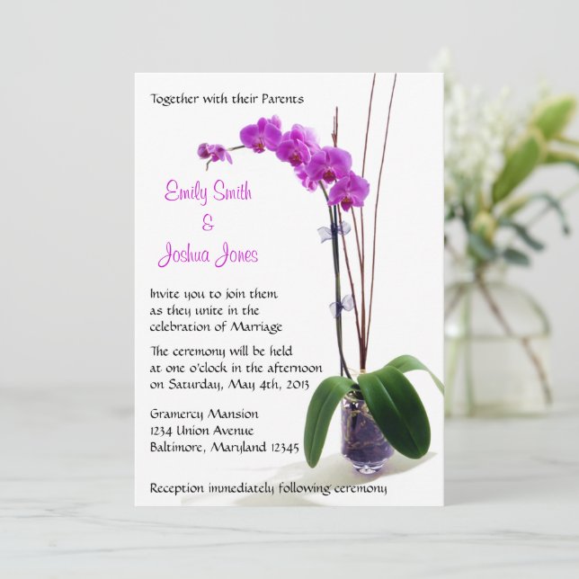 Pink Purple Orchid Floral Wedding Invitations (Standing Front)