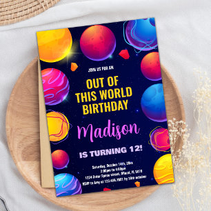 Pink Purple Outer Space Birthday Invitations