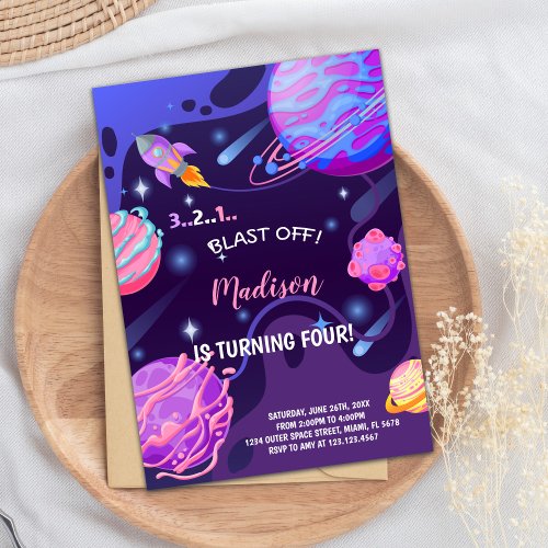 Pink Purple Outer Space Birthday Invitations