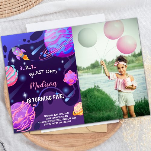 Pink Purple Outer Space Birthday Invitations photo