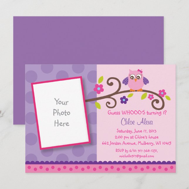 Pink & Purple Owl 1st Birthday Invitation (Front/Back)