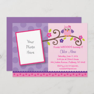 Pink & Purple Owl 1st Birthday Invitation