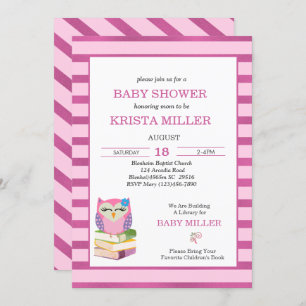 Pink Purple Owl Bring A Book Baby Shower     Invitation