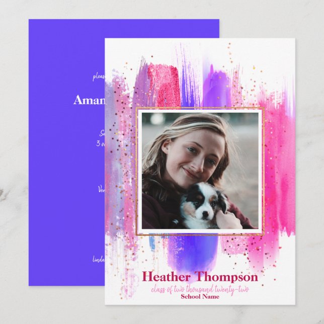 Pink & Purple Painted Glitter Sparkles Graduation  Invitation (Front/Back)