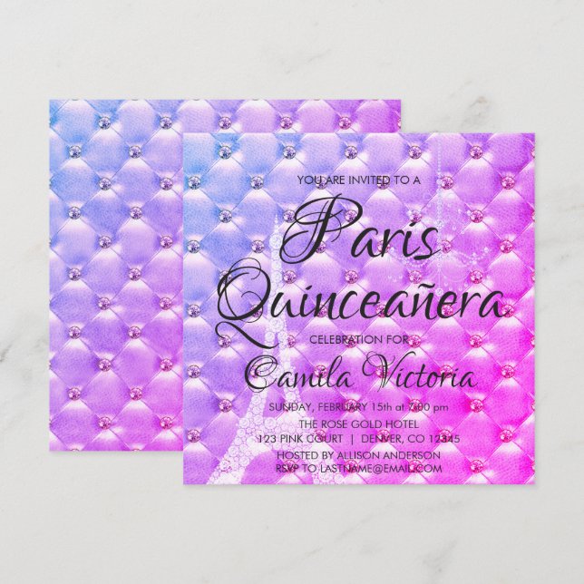 Pink Purple Paris Quinceañera Celebration Invitation (Front/Back)