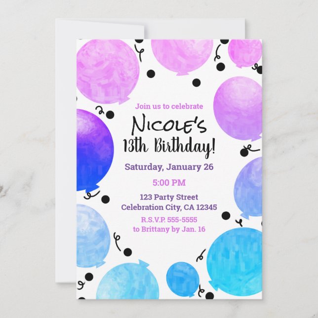 Pink Purple Pastel Balloons Birthday Party Invitation (Front)