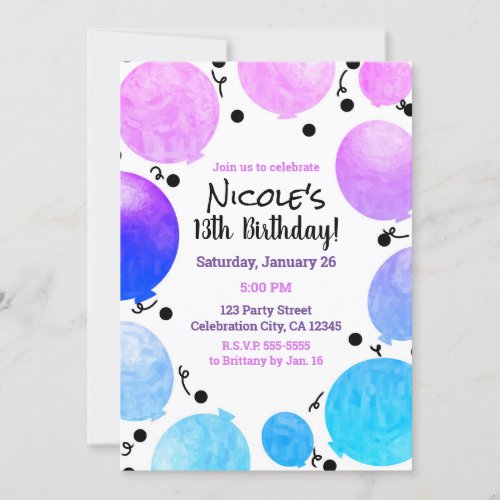 Pink Purple Pastel Balloons Birthday Party Invitation