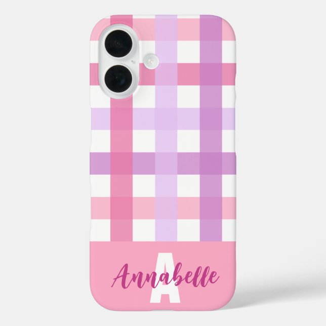 Pink Purple Pastel Gingham Pattern Monogram Case-Mate iPhone Case (Back)
