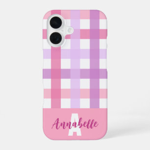 Pink Purple Pastel Gingham Pattern Monogram iPhone 16 Case