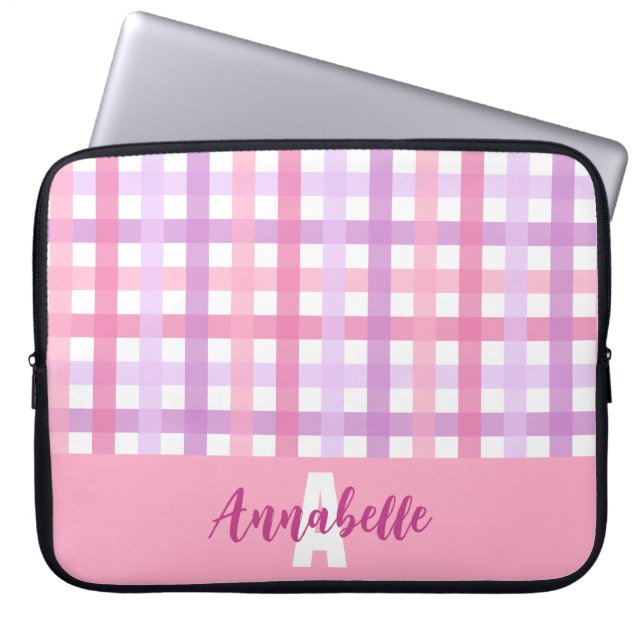Pink Purple Pastel Gingham Pattern Monogram Laptop Sleeve (Front)