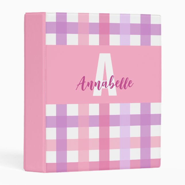 Pink Purple Pastel Gingham Pattern Monogram Mini Binder (Front/Spine)