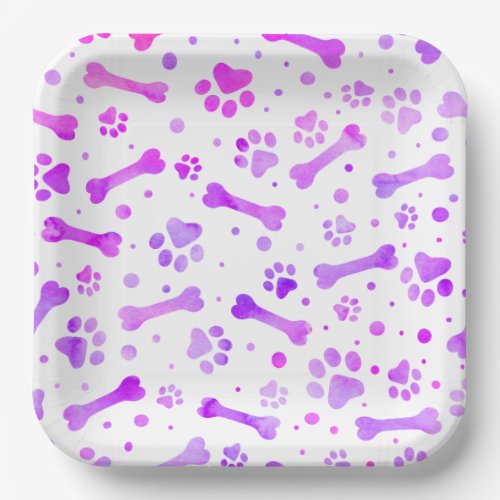 Pink Purple Paw Prints Birthday Watercolor Square Paper Plates
