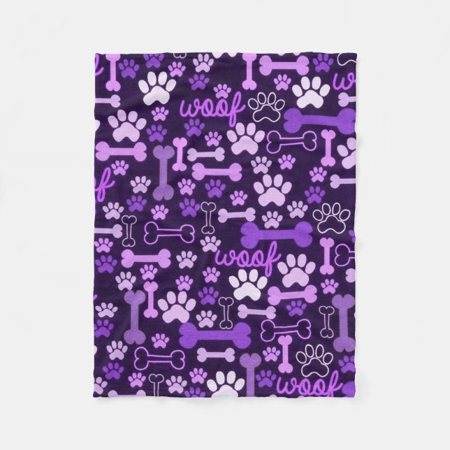 Pink & Purple Paw Prints & Bones Fleece Blanket (Front)