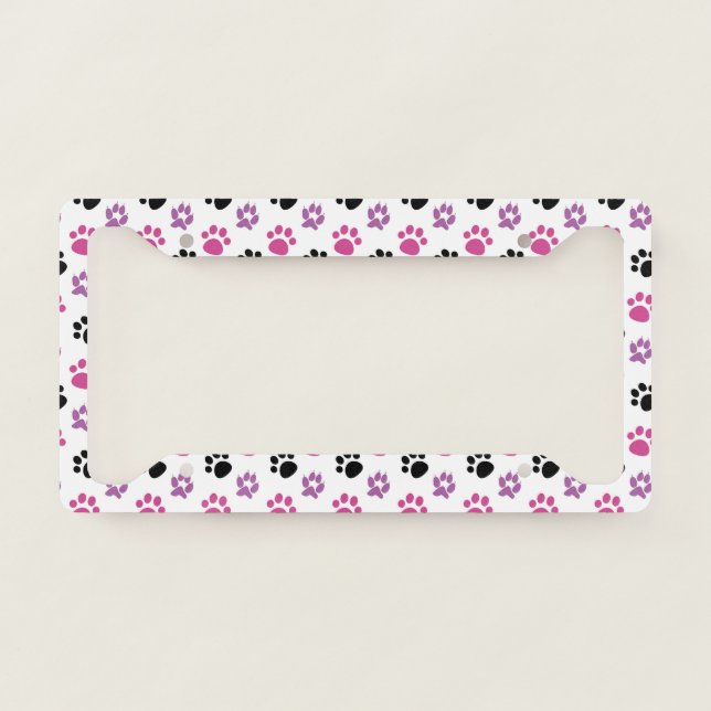 Pink Purple Paw Prints License Plate Frame (Front)