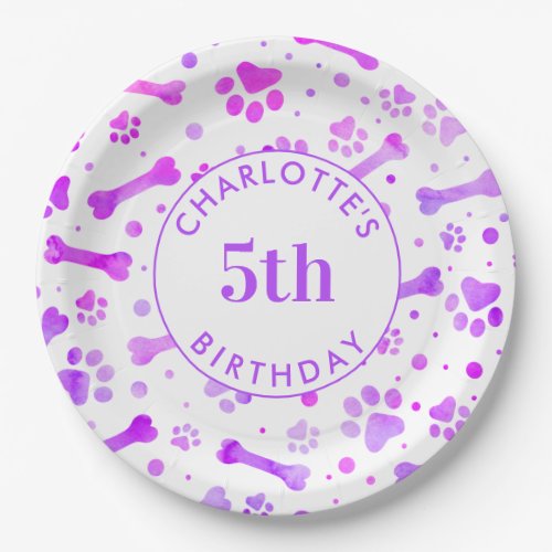 Pink Purple Paw Prints Personalized Birthday Paper Plates