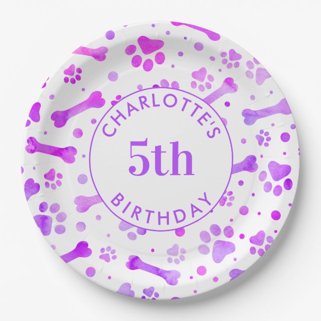 Pink Purple Paw Prints Personalized Birthday Paper Plates (Front)