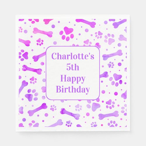 Pink Purple Paw Prints Personalized Birthday Party Napkins