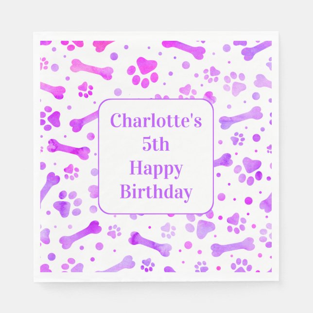 Pink Purple Paw Prints Personalized Birthday Party Napkins (Front)