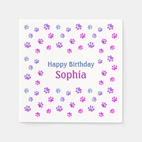 Pink Purple Paw Prints Pink Custom Pet Birthday Napkins