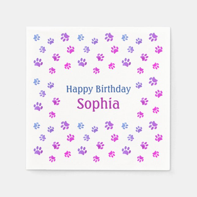 Pink Purple Paw Prints Pink Custom Pet Birthday Napkins (Front)
