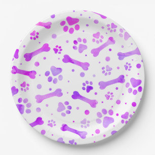 Pink Purple Paw Prints Watercolor Birthday Paper Plates