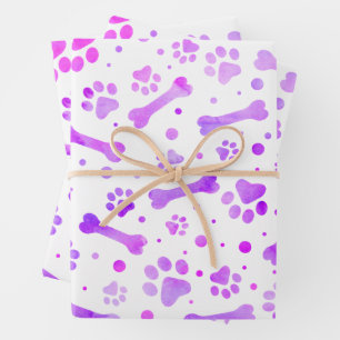 Pink Purple Paw Prints Watercolor Birthday Wrapping Paper Sheets