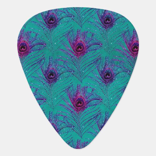 Pink  Purple Peacock Feathers on Teal Blue Guitar Pick