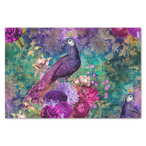 Pink Purple Peacock Floral Collage Decoupage Tissue Paper