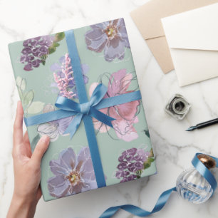 Pink Purple Petals Mint Green Background Wrapping Paper