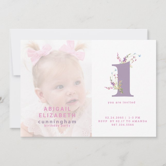 Pink & Purple Photo 1st Birthday Party Invitation (Front)