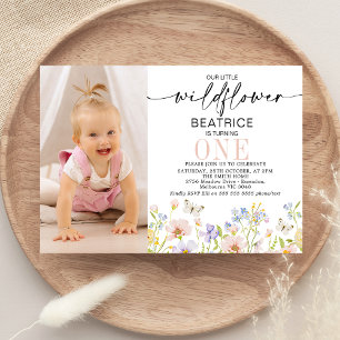 Pink Purple Photo Delicate Wildflower 1st Birthday Invitation