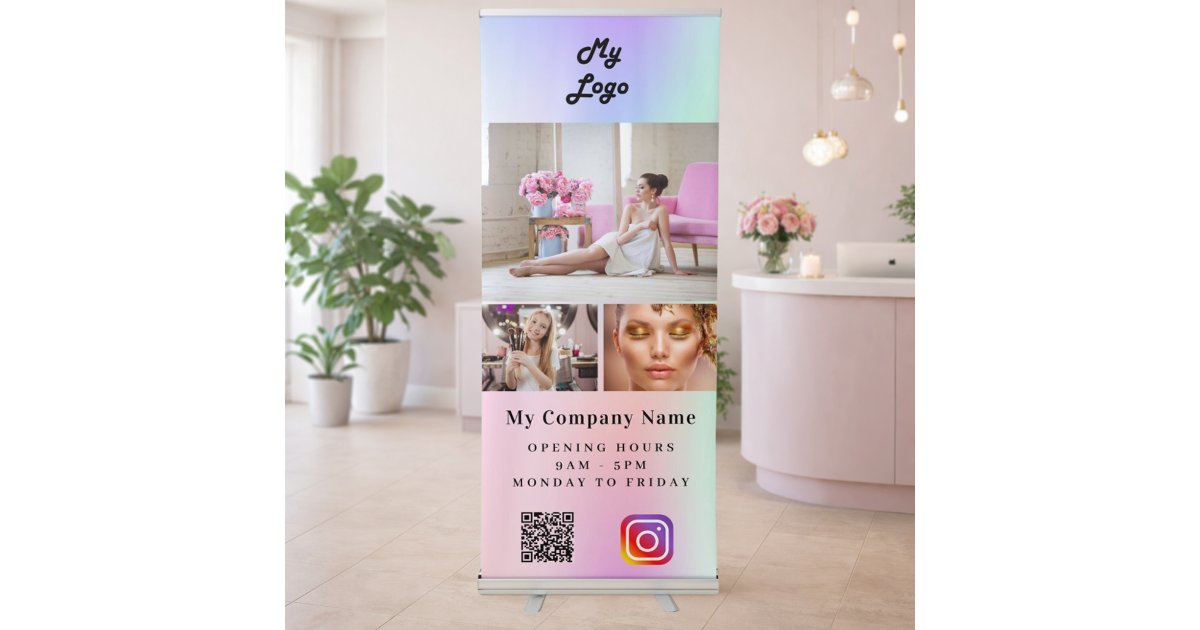 Pink purple Photo QR code Instagram business logo Retractable Banner ...